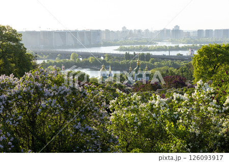 Beautiful church with golden domes surrounded by lilac background 126093917