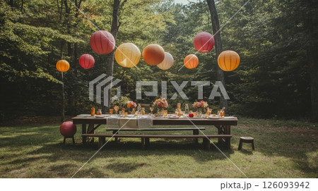 Rustic Outdoor Picnic Setting with Colorful Paper Lanterns 126093942