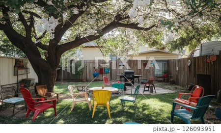 Colorful Chairs Under Blooming Tree in Sunny Backyard Colorful Chairs Under Blooming Tree in Sunny Backyard 126093951