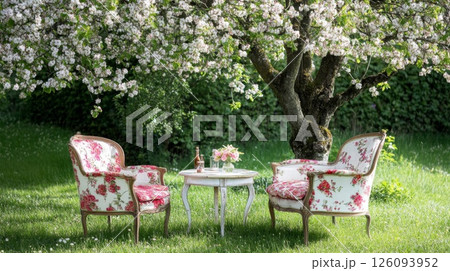 Floral Chairs and Table Under Blooming Tree in Garden Floral Chairs and Table Under Blooming Tree in Garden 126093952