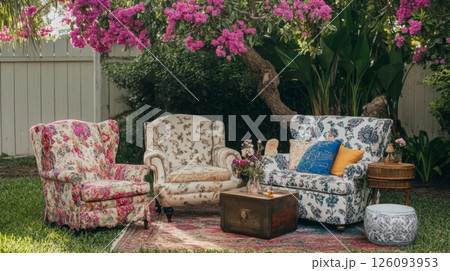 Colorful Patterned Chairs and Cushions in a Garden Setting Colorful Patterned Chairs and Cushions in a Garden Setting 126093953