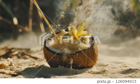 Smoky Coconut Cocktail on Tropical Beach Sand 126094015