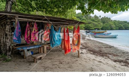 Colorful Sarongs Hanging at Tropical Beach Market 126094053