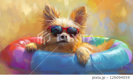 Cute Chihuahua in Rainbow Pool Float Wearing Sunglasses 126094059