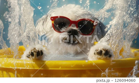 Playful Shih Tzu Puppy Splashing in Yellow Pool 126094060