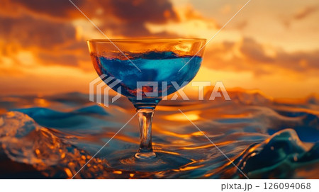 Blue Cocktail in Glass on Ocean Waves at Sunset 126094068