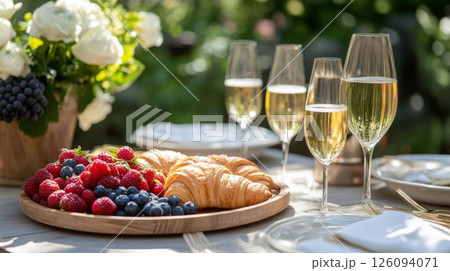 Elegant Outdoor Brunch Setting with Croissants and Berries 126094071