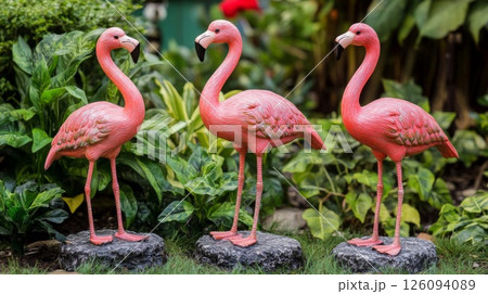 Pink Flamingo Statues in a Lush Green Garden Pink Flamingo Statues in a Lush Green Garden 126094089