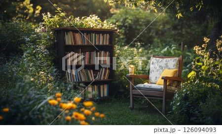 Rustic Wooden Bookcase and Chair in a Lush Garden 126094093