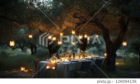 Romantic Outdoor Dinner Party Under Olive Trees at Night 126094136