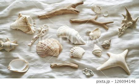 Seashells and Driftwood on Beige Fabric Background 126094146