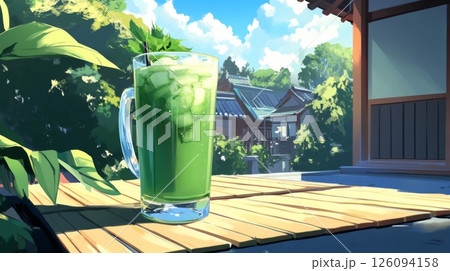 Refreshing Iced Green Drink on Wooden Patio in Japan Refreshing Iced Green Drink on Wooden Patio in Japan 126094158