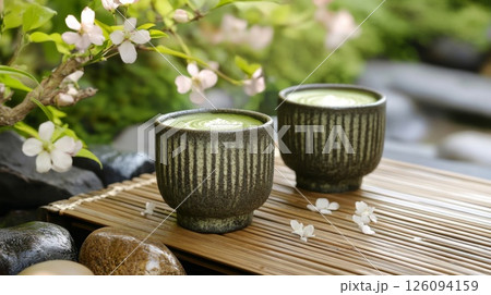 Two Matcha Latte Cups with Cherry Blossoms 126094159