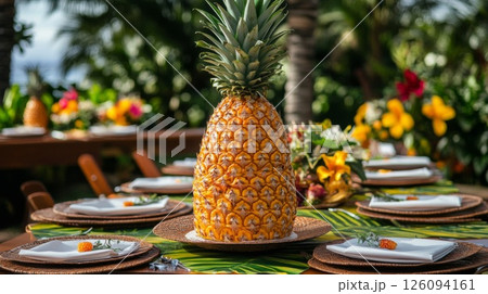 Pineapple Centerpiece at Tropical Outdoor Table Setting 126094161