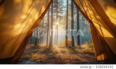 Sunrise in a Pine Forest Viewed from Inside a Tent 126094248