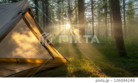 Sunrise Through Trees Illuminating a Beige Tent in a Forest 126094249