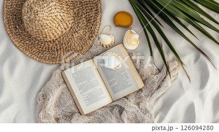 Seashells and Book on Sandy Beach with Palm Leaf and Hat 126094280