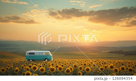 Vintage Teal Van in a Sunflower Field at Sunset 126094354