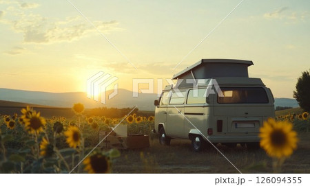 Vintage Campervan in Sunflower Field at Sunset 126094355