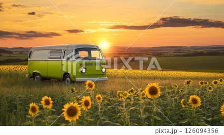 Vintage Green Van in a Sunflower Field at Sunset 126094356
