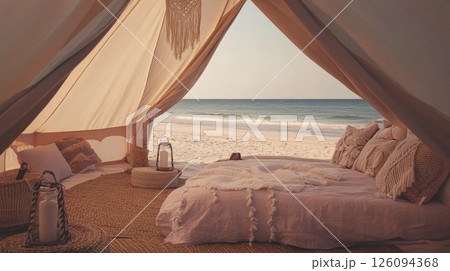 Beachfront Glamping Tent with Ocean View at Sunrise 126094368