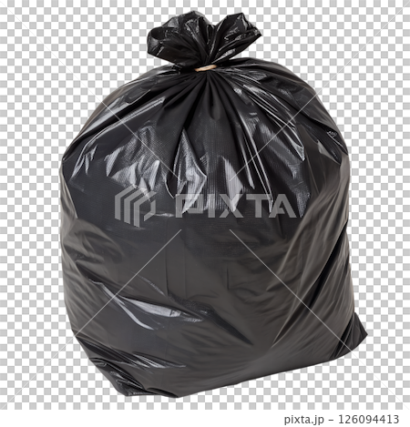 Full black garbage bag tied tightly, ready for disposal or waste collection Full black garbage bag tied tightly, ready for disposal or waste collection 126094413