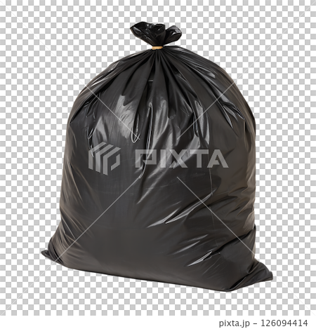 Heavy duty black trash bag filled and sealed for throwing away isolated on the transparent background Heavy duty black trash bag filled and sealed for throwing away isolated on the transparent background 126094414