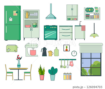 Constructor of furniture and elements for the kitchen. Set of items. Table and chairs, refrigerator and stove. Cabinets and cupboards with dishes. . Kitchen utensils microwave oven, toaster and mixer Constructor of furniture and elements for the kitchen. Set of items. Table and chairs, refrigerator and stove. Cabinets and cupboards with dishes. . Kitchen utensils microwave oven, toaster and mixer 126094703