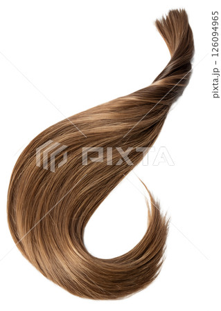 Single strand of wavy brown hair twisted into a spiral, reflecting light with a healthy shine 126094965