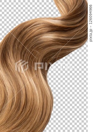 Close-up of a twisted strand of glossy light brown hair, shiny and smooth with natural highlights 126094966