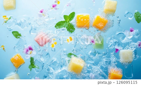 Colorful Fruit Ice Cubes with Mint and Flowers Colorful Fruit Ice Cubes with Mint and Flowers 126095115