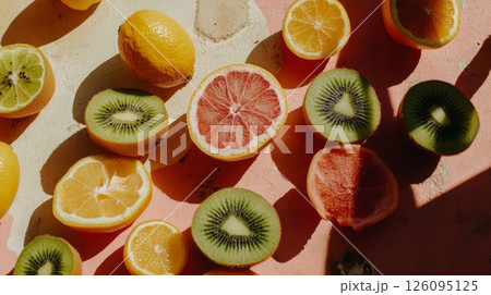 Colorful Fruit Slices on Pink Background Colorful Fruit Slices on Pink Background 126095125