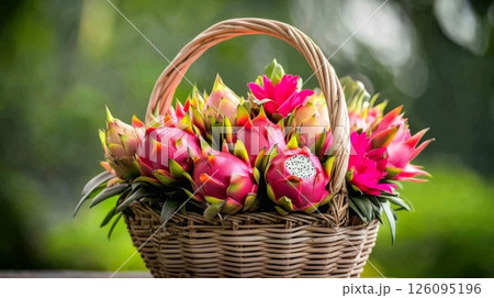 Pink Dragon Fruit in Wicker Basket on Green Background 126095196