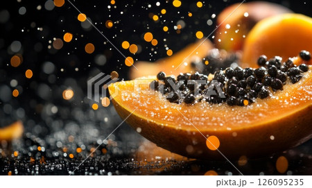Ripe Papaya Slice with Seeds and Water Drops 126095235
