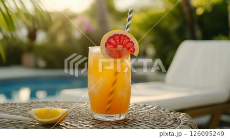 Refreshing Orange and Grapefruit Cocktail by the Pool 126095249