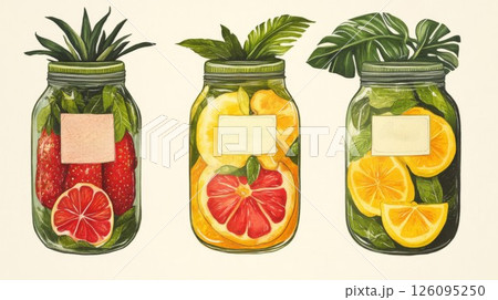 Watercolor Illustration of Three Mason Jars Filled with Colorful Fruits and Herbs 126095250
