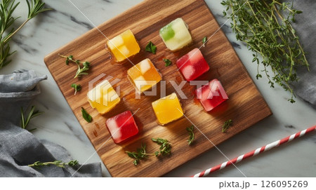 Colorful Fruit Jelly Cubes on Wooden Board 126095269