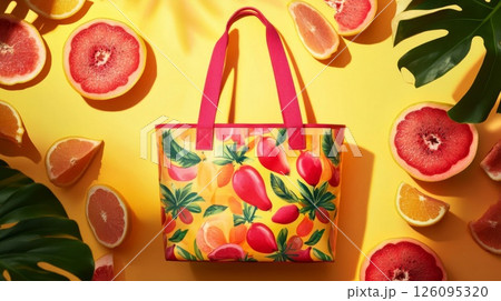 Vibrant Tropical Fruit Tote Bag on Yellow Background 126095320
