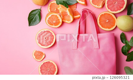 Pink Tote Bag with Fresh Grapefruit Slices on Pink Background 126095321