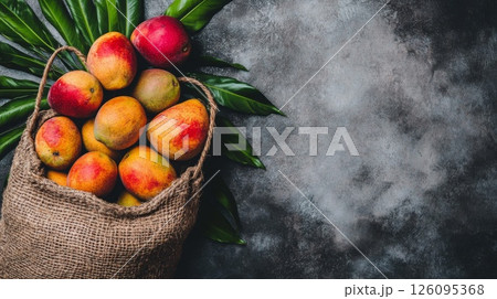 Ripe Mangoes in Burlap Bag with Palm Leaves on Dark Background 126095368