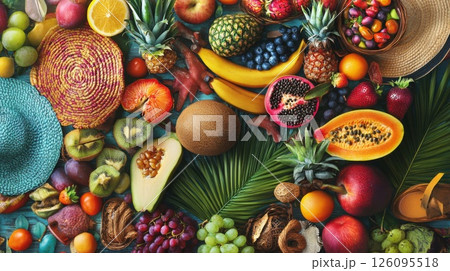 Vibrant Assortment Of Tropical And Exotic Fruits On A Teal Background 126095518