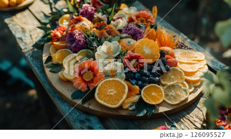 Colorful Fruit and Flower Arrangement on Rustic Wooden Board 126095527