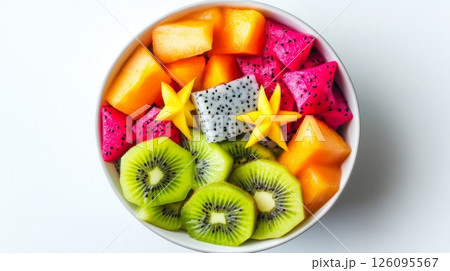 Colorful Tropical Fruit Salad in White Bowl 126095567