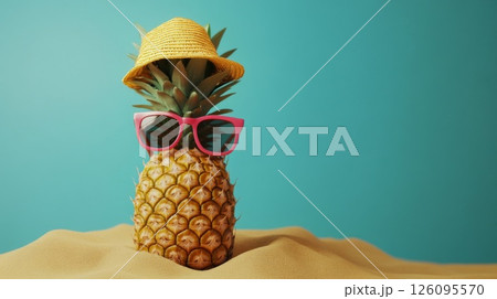 Pineapple Wearing Sunglasses and Hat on Sandy Beach 126095570