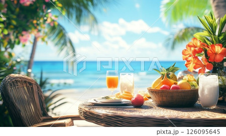Tropical Beach Breakfast: Sunlit Ocean View with Fresh Fruit 126095645