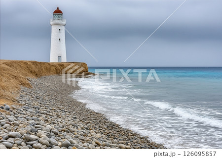 White lighthouse rising from a rocky coastline under a cloudy sky, waves gently lapping at the shore, creating a serene and timeless coastal scene White lighthouse rising from a rocky coastline under a cloudy sky, waves gently lapping at the shore, creating a serene and timeless coastal scene 126095857
