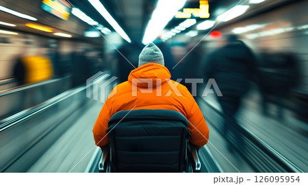Person in wheelchair traveling on moving walkway through a public transit station. 126095954