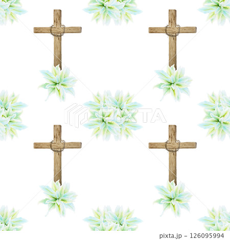 Wooden cross with crown of thorns and white lily watercolor seamless pattern isolated on white. Illustration perfect for Easter fabric, Holy Thursday, christening baptism, wedding, decor design 126095994