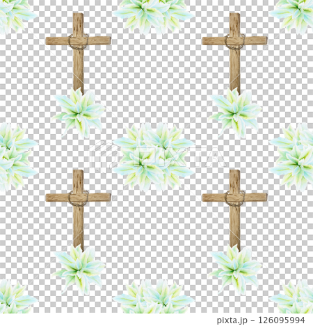 Wooden cross with crown of thorns and white lily watercolor seamless pattern isolated on white. Illustration perfect for Easter fabric, Holy Thursday, christening baptism, wedding, decor design 126095994