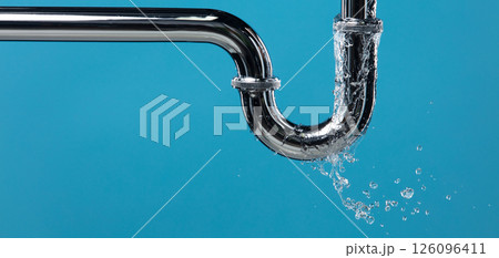 Leaking water from chromium stainless steel pipe under sink. Drain leak water from pipe plumbing in bathroom as water clogged drop. Blue bathroom background isolated 126096411